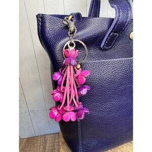 Flower Purse Charm Genuine Leather Bag Charm Purple Flowers Bouquet NEW